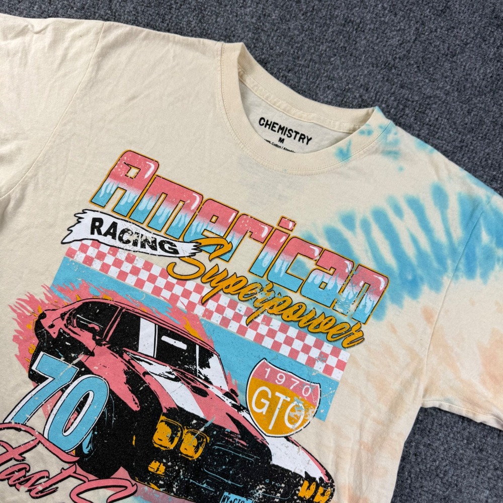 Chemistry Racing T Shirt M Tan Blue Tie Dye 1970 GTO Graphic Mens